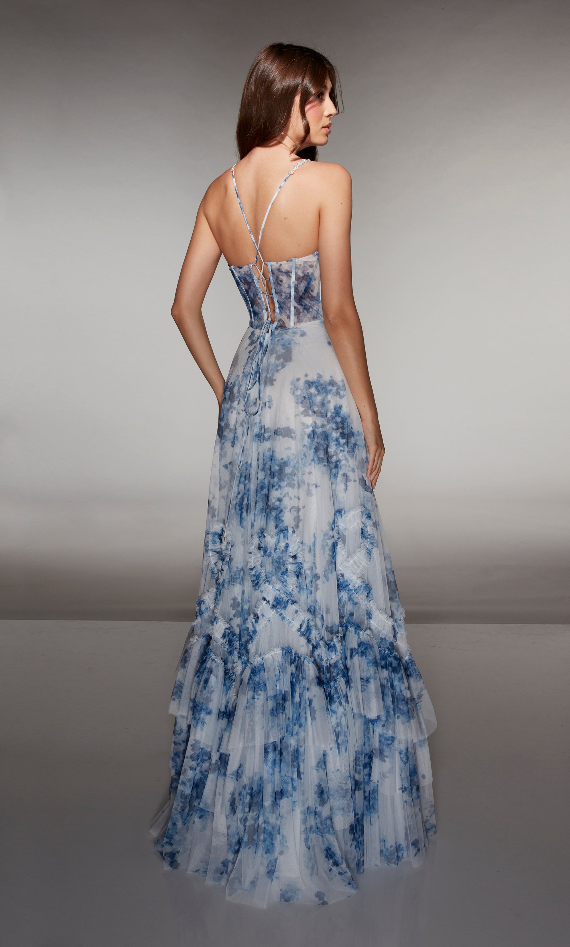 A-line Print Tulle V-neck Corset Ruffles Lace-up Back Prom Dress #62028