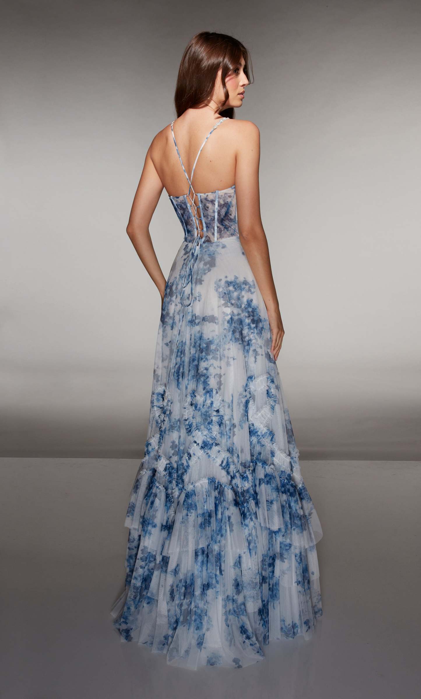 A-line Print Tulle V-neck Corset Ruffles Lace-up Back Prom Dress #62028