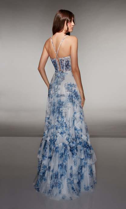 A-line Print Tulle V-neck Corset Ruffles Lace-up Back Prom Dress #62028