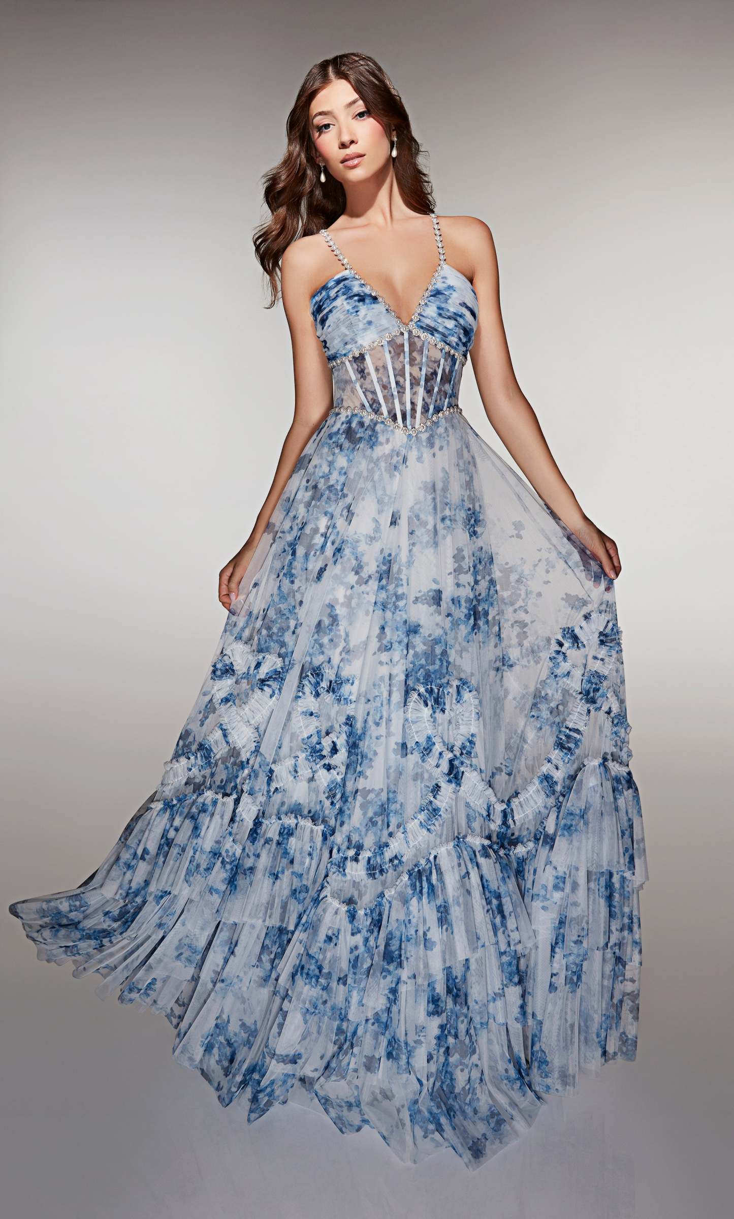 A-line Print Tulle V-neck Corset Ruffles Lace-up Back Prom Dress #62028