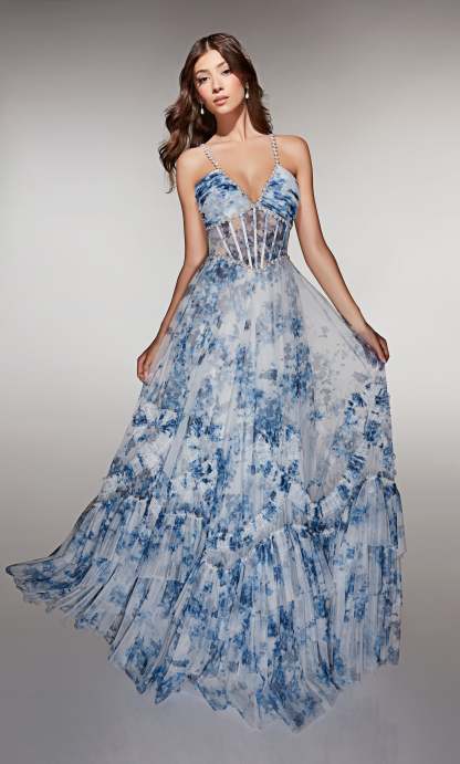 A-line Print Tulle V-neck Corset Ruffles Lace-up Back Prom Dress #62028