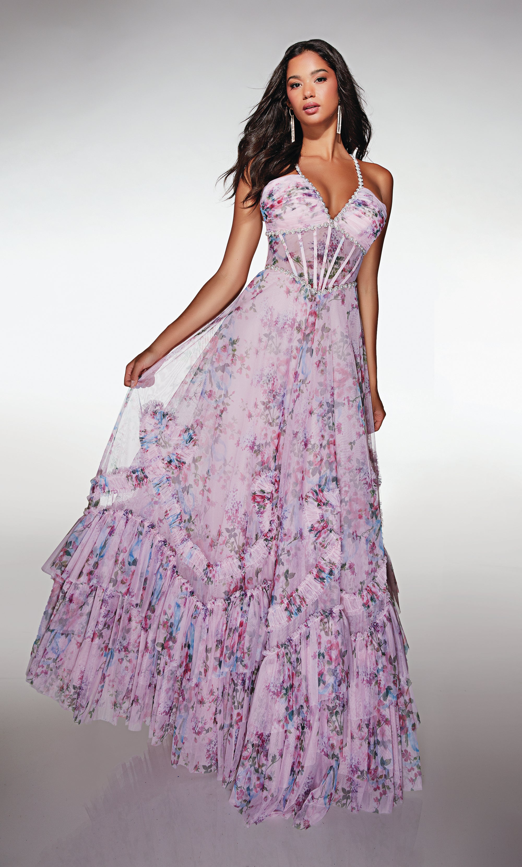 A-line Print Tulle V-neck Corset Ruffles Lace-up Back Prom Dress #62028