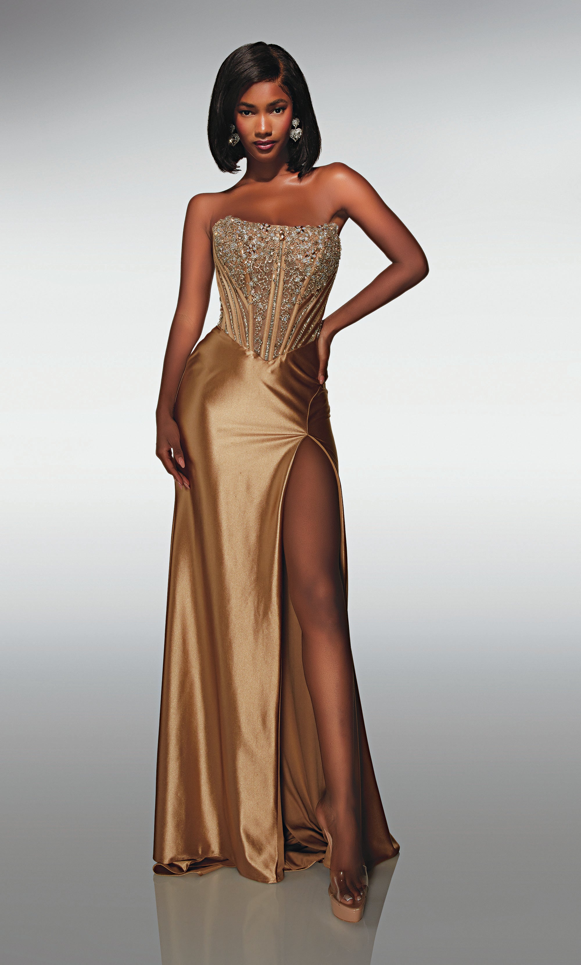 Straight Stretch Satin Scooped Embellished Across Back Prom Dress #62034