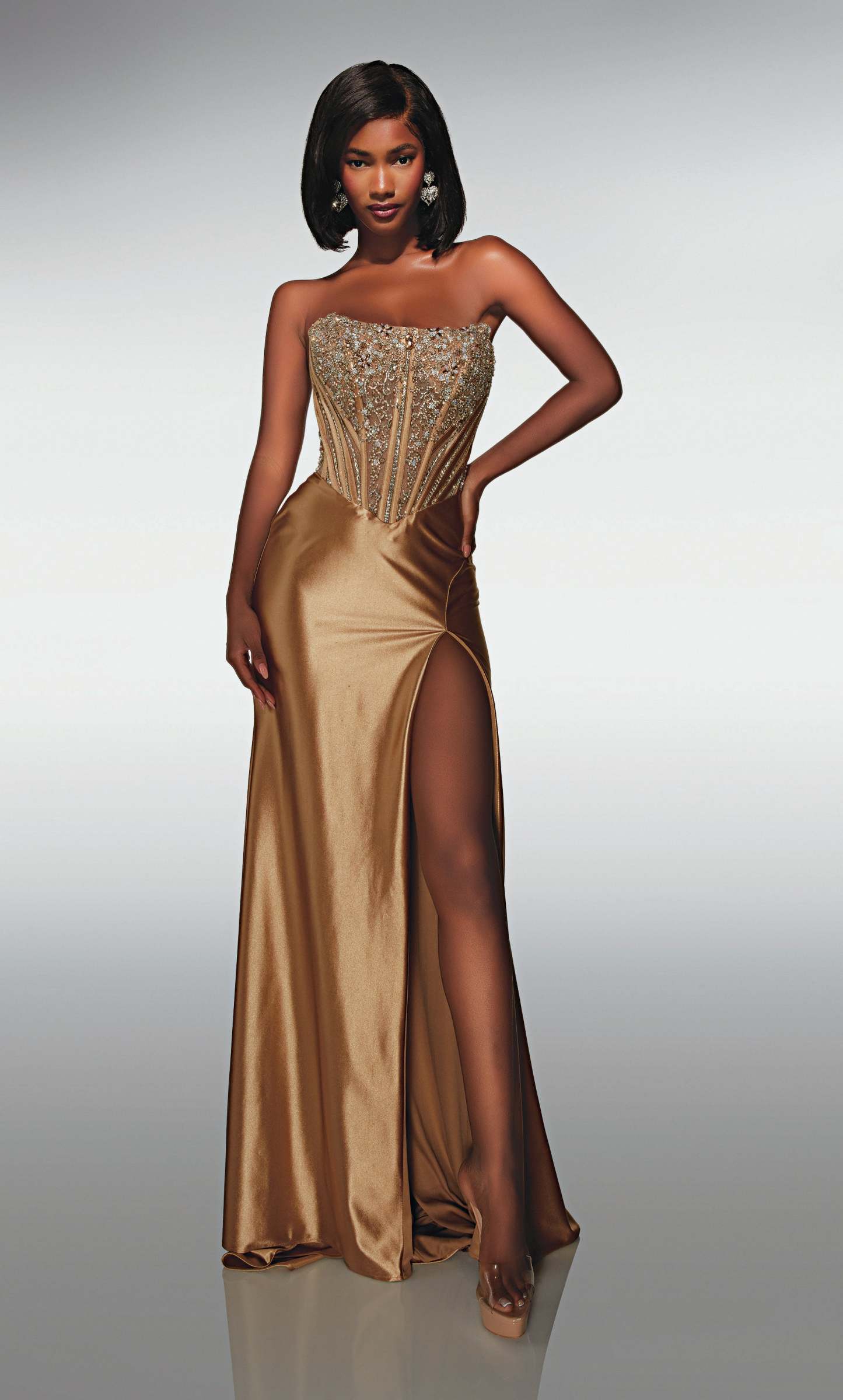 Straight Stretch Satin Scooped Embellished Across Back Prom Dress #62034