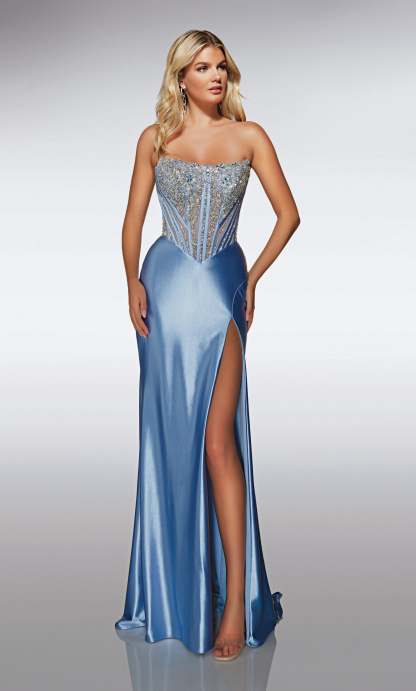 Straight Stretch Satin Scooped Embellished Across Back Prom Dress #62034