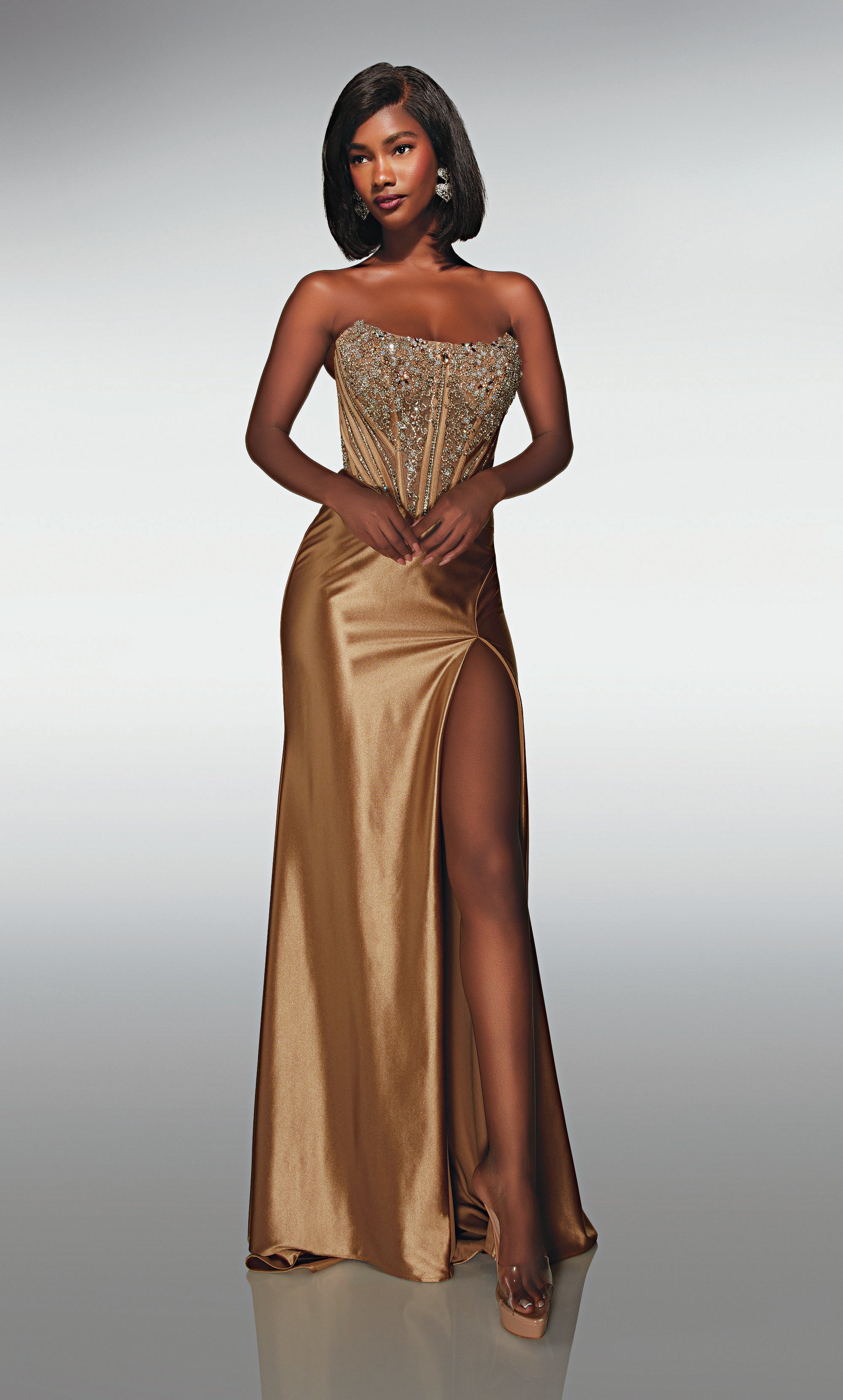 Straight Stretch Satin Scooped Embellished Across Back Prom Dress #62034
