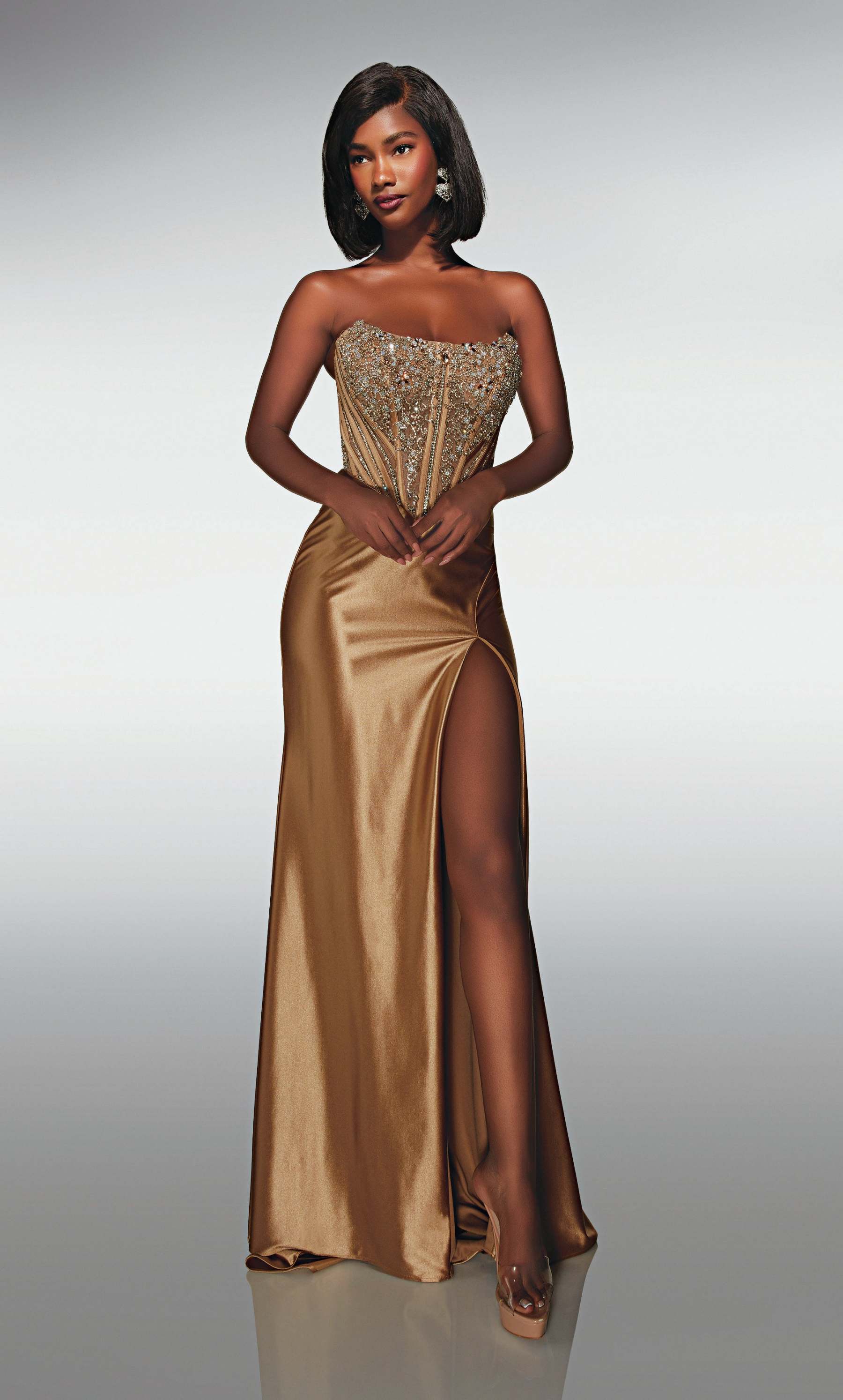 Straight Stretch Satin Scooped Embellished Across Back Prom Dress #62034