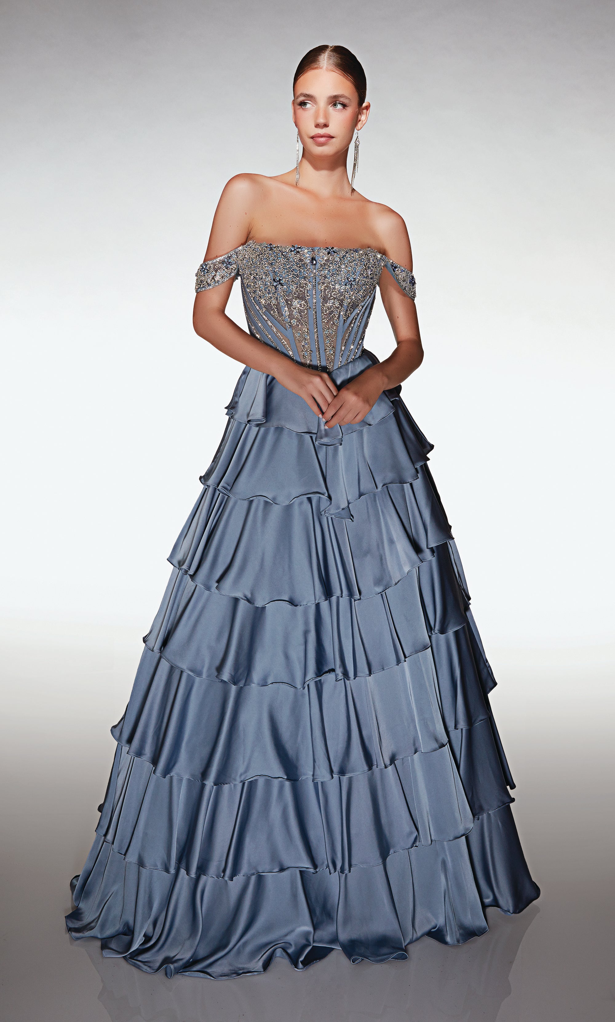A-line Chiffon Off The Shoulder Lace-up Back Ruffles Prom Dress #62035