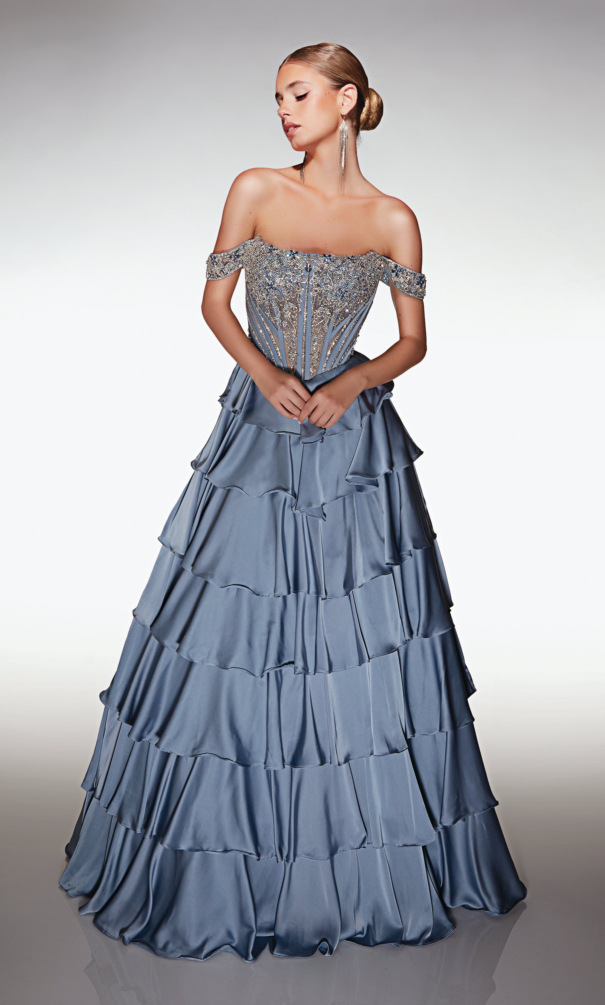 A-line Chiffon Off The Shoulder Lace-up Back Ruffles Prom Dress #62035