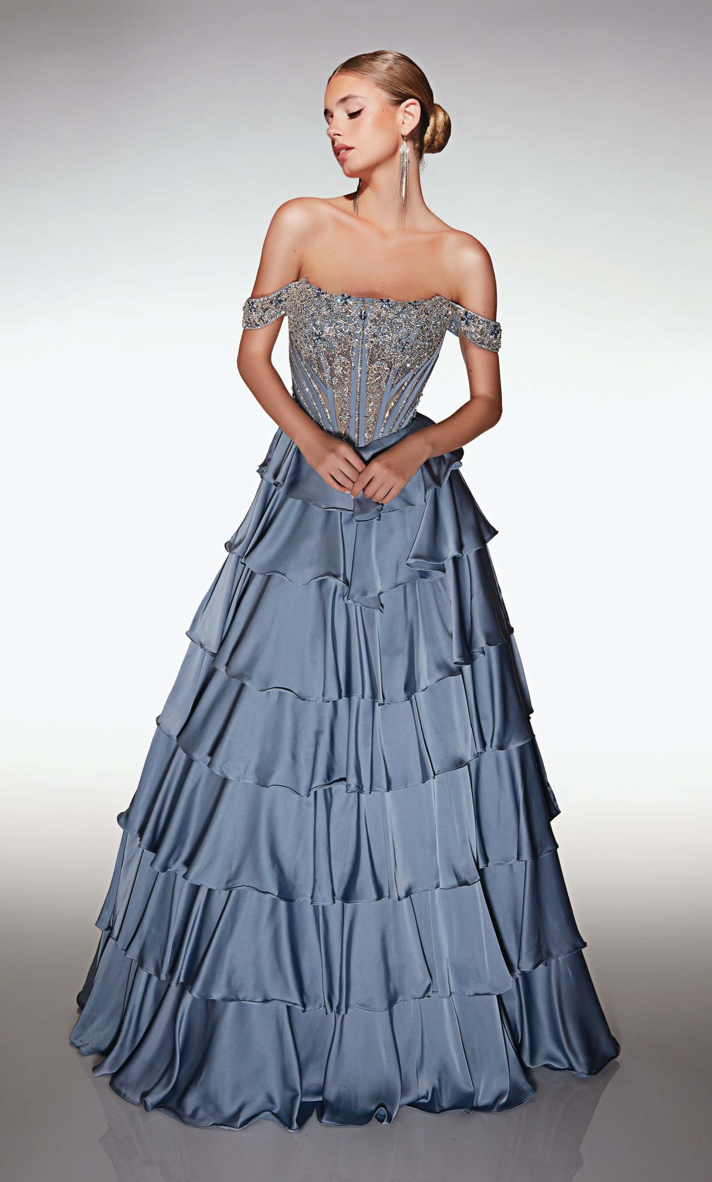 A-line Chiffon Off The Shoulder Lace-up Back Ruffles Prom Dress #62035