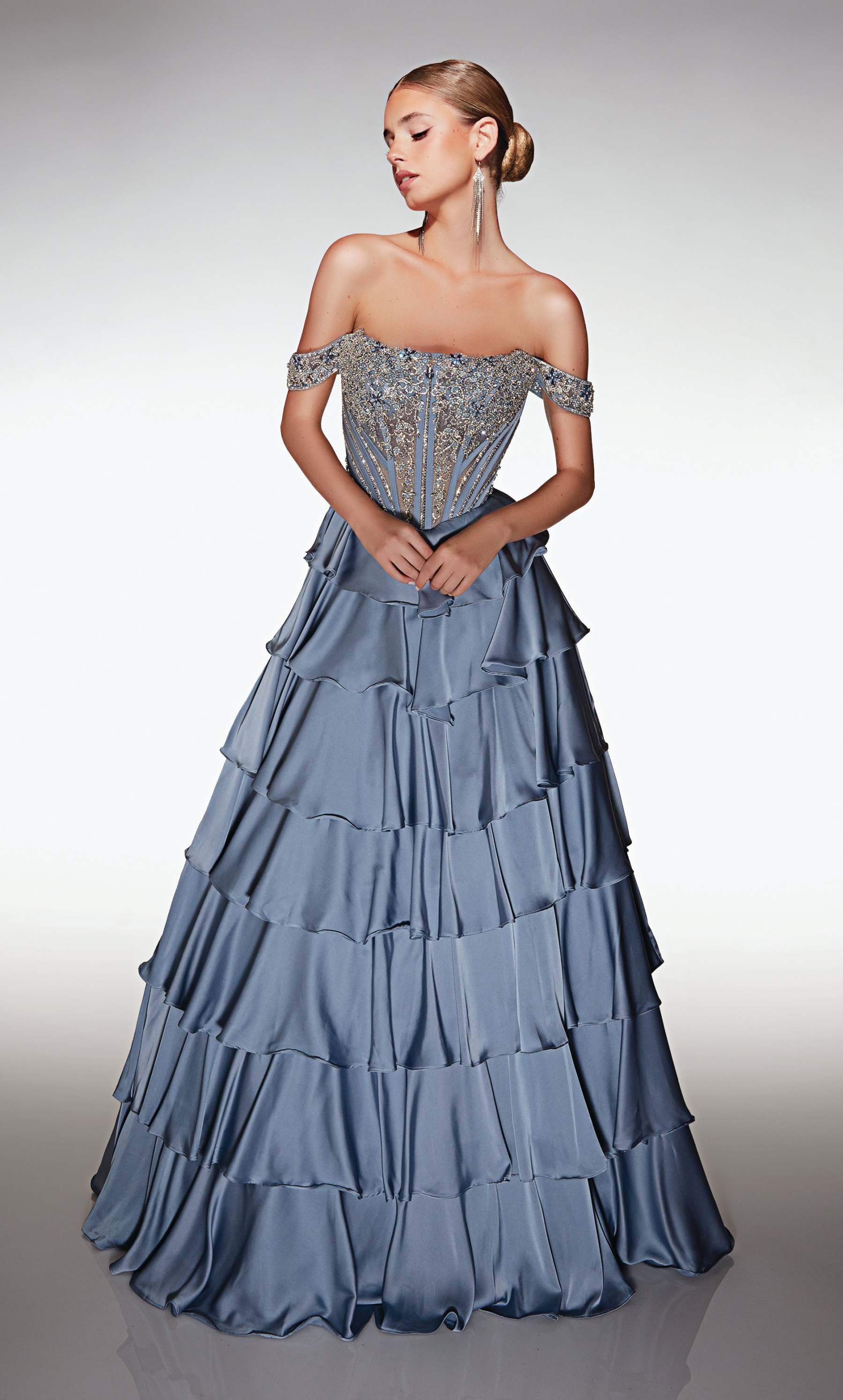 A-line Chiffon Off The Shoulder Lace-up Back Ruffles Prom Dress #62035