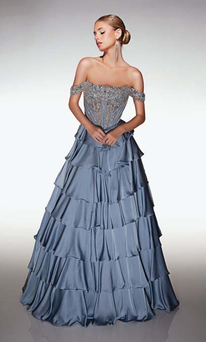 A-line Chiffon Off The Shoulder Lace-up Back Ruffles Prom Dress #62035