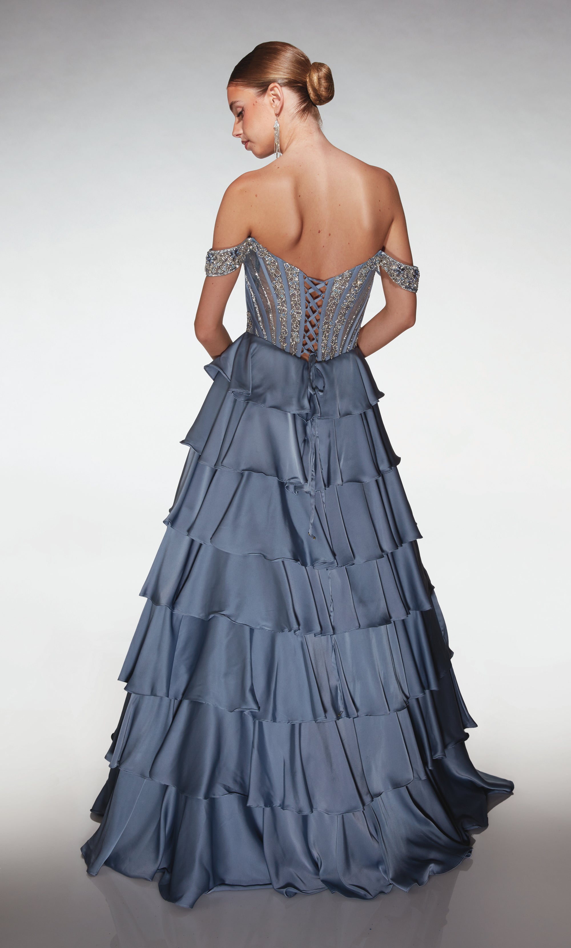 A-line Chiffon Off The Shoulder Lace-up Back Ruffles Prom Dress #62035
