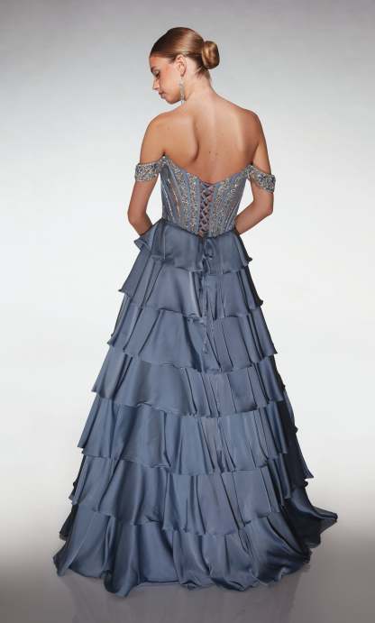 A-line Chiffon Off The Shoulder Lace-up Back Ruffles Prom Dress #62035