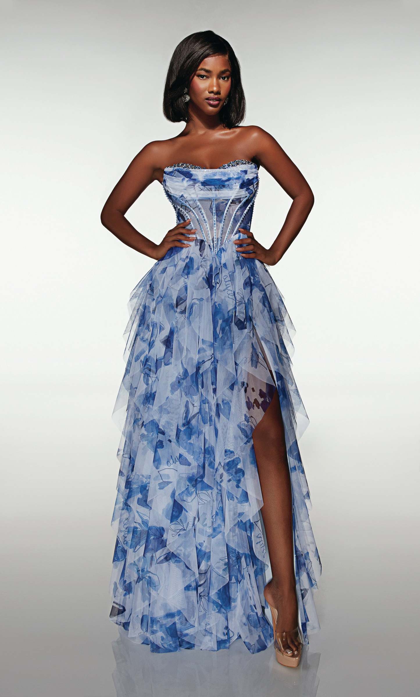 A-line Sweetheart Print Mesh Ruffles Prom Dress #62041