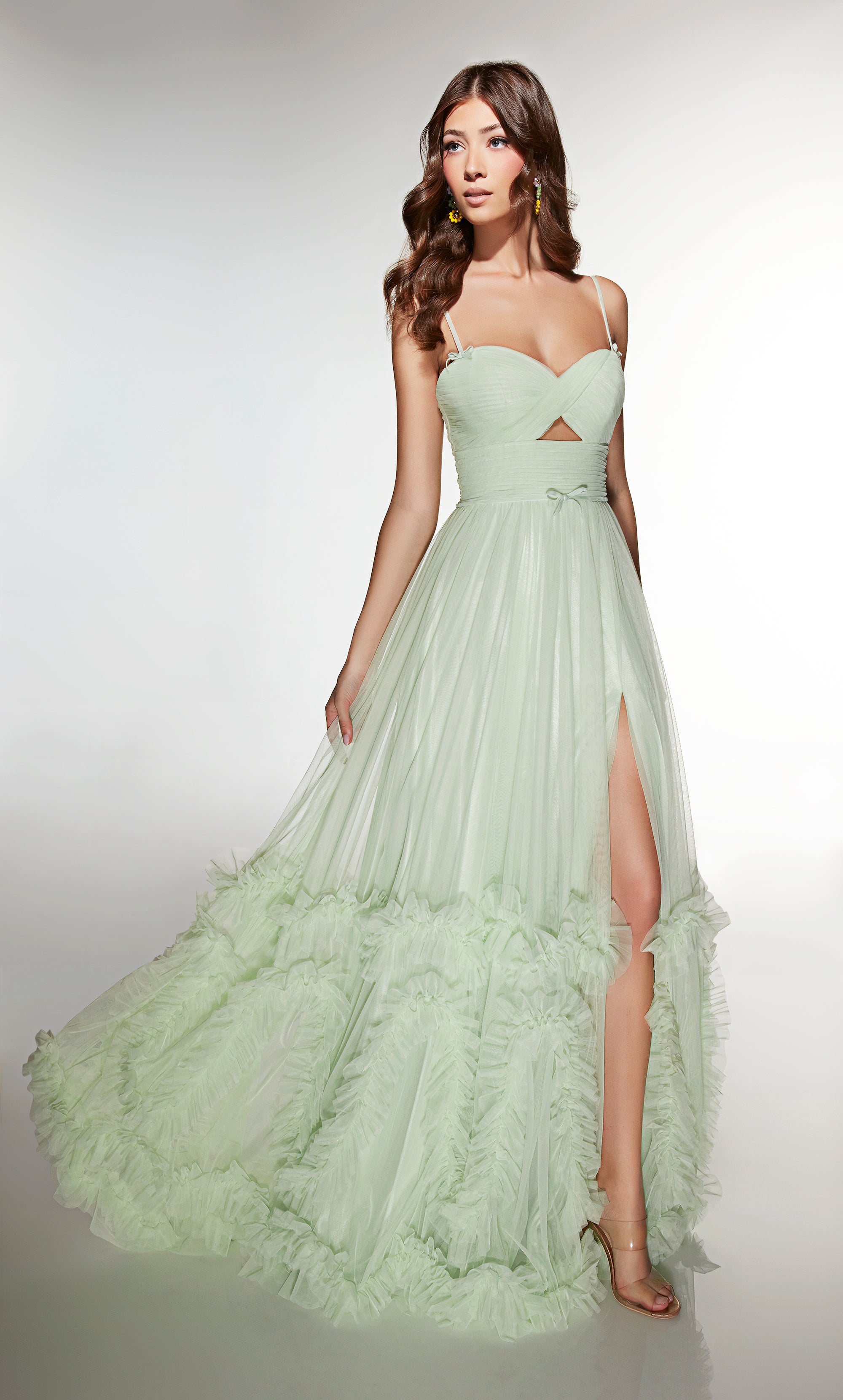 A-line Sweetheart Soft Mesh Lace-up Back Ruffles Slit Prom Dress #62043