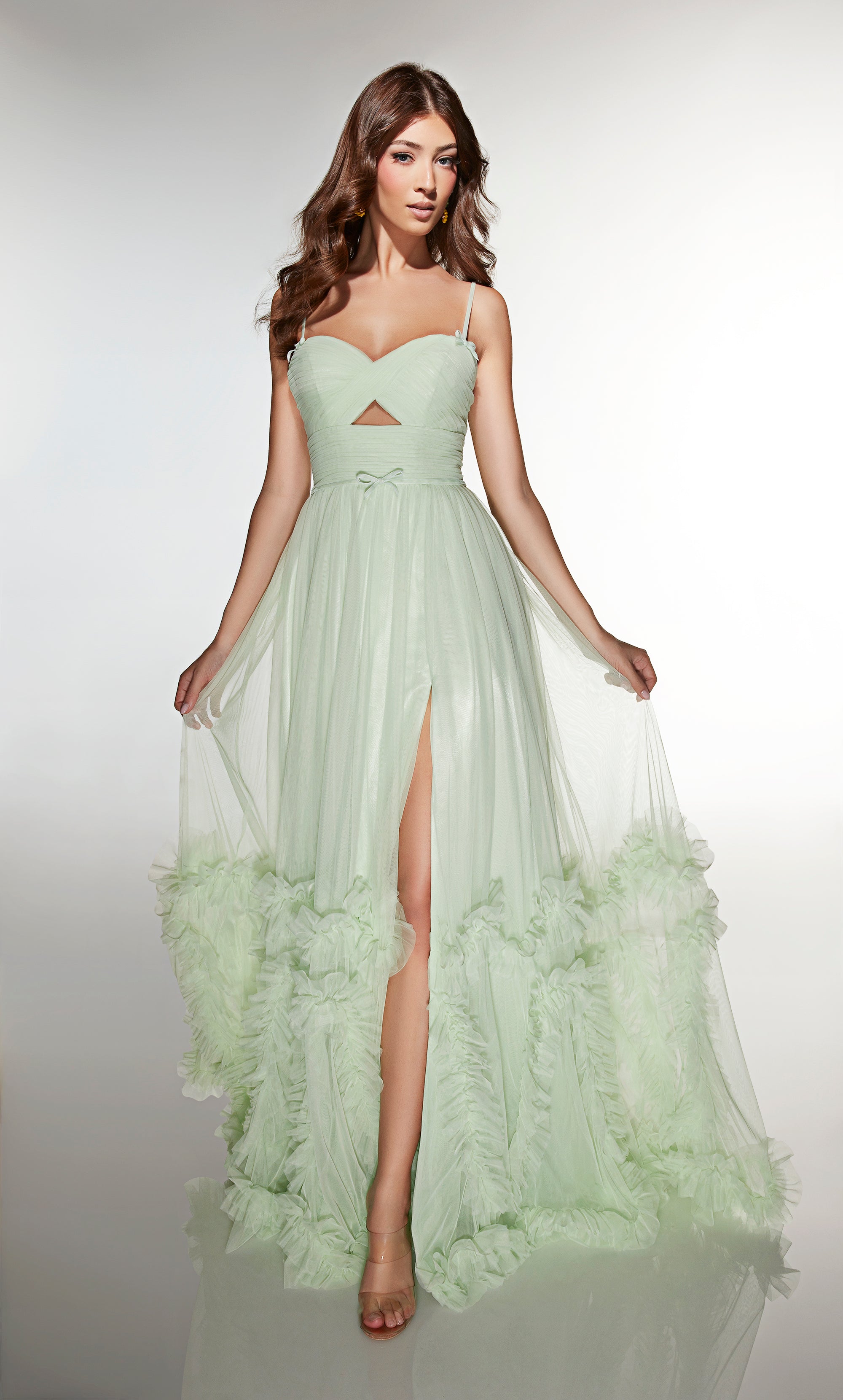 A-line Sweetheart Soft Mesh Lace-up Back Ruffles Slit Prom Dress #62043