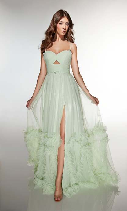 A-line Sweetheart Soft Mesh Lace-up Back Ruffles Slit Prom Dress #62043