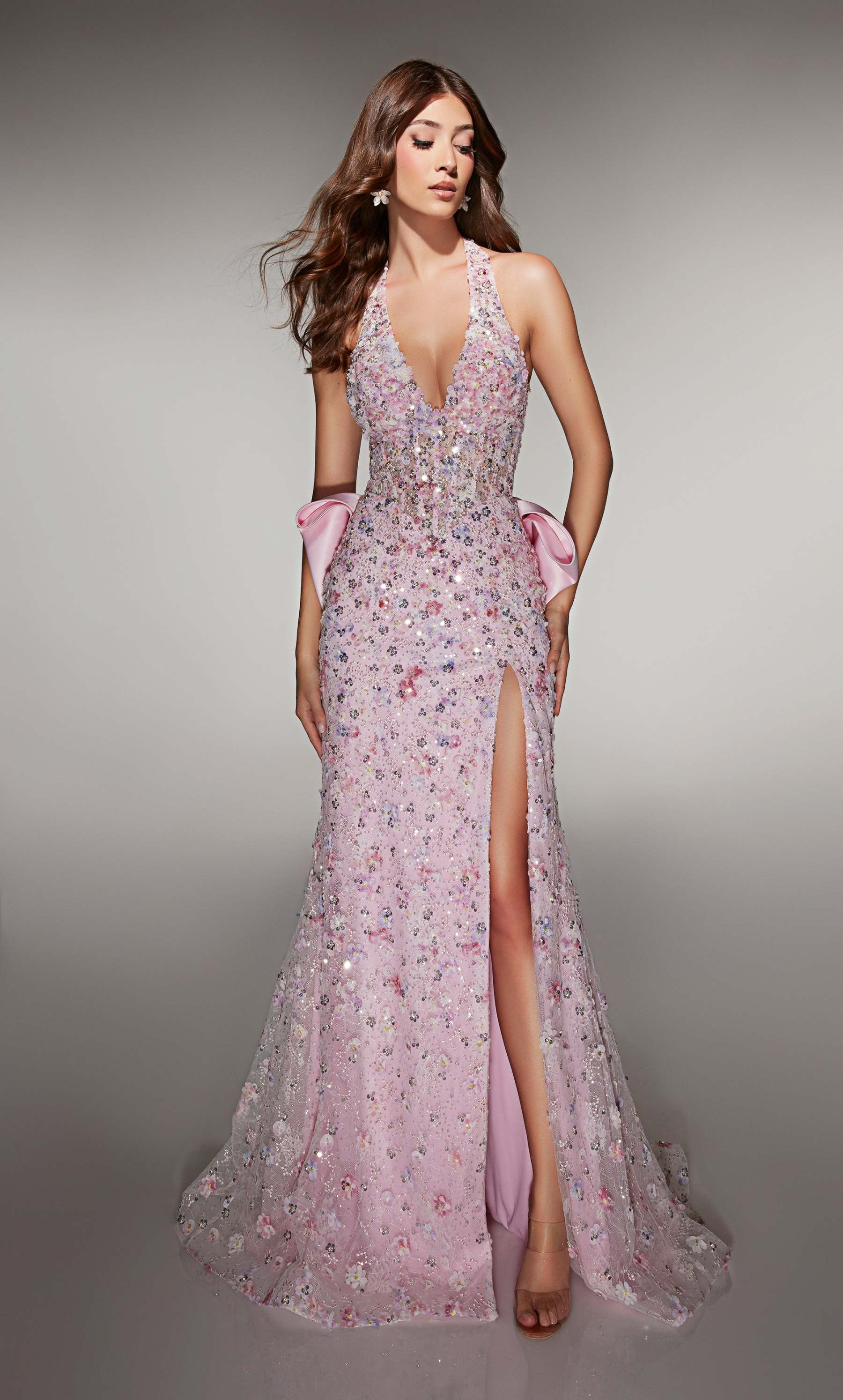 Straight Halter 3-D Flower Sequins Embellished Prom Dress #62044