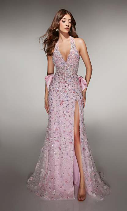Straight Halter 3-D Flower Sequins Embellished Prom Dress #62044
