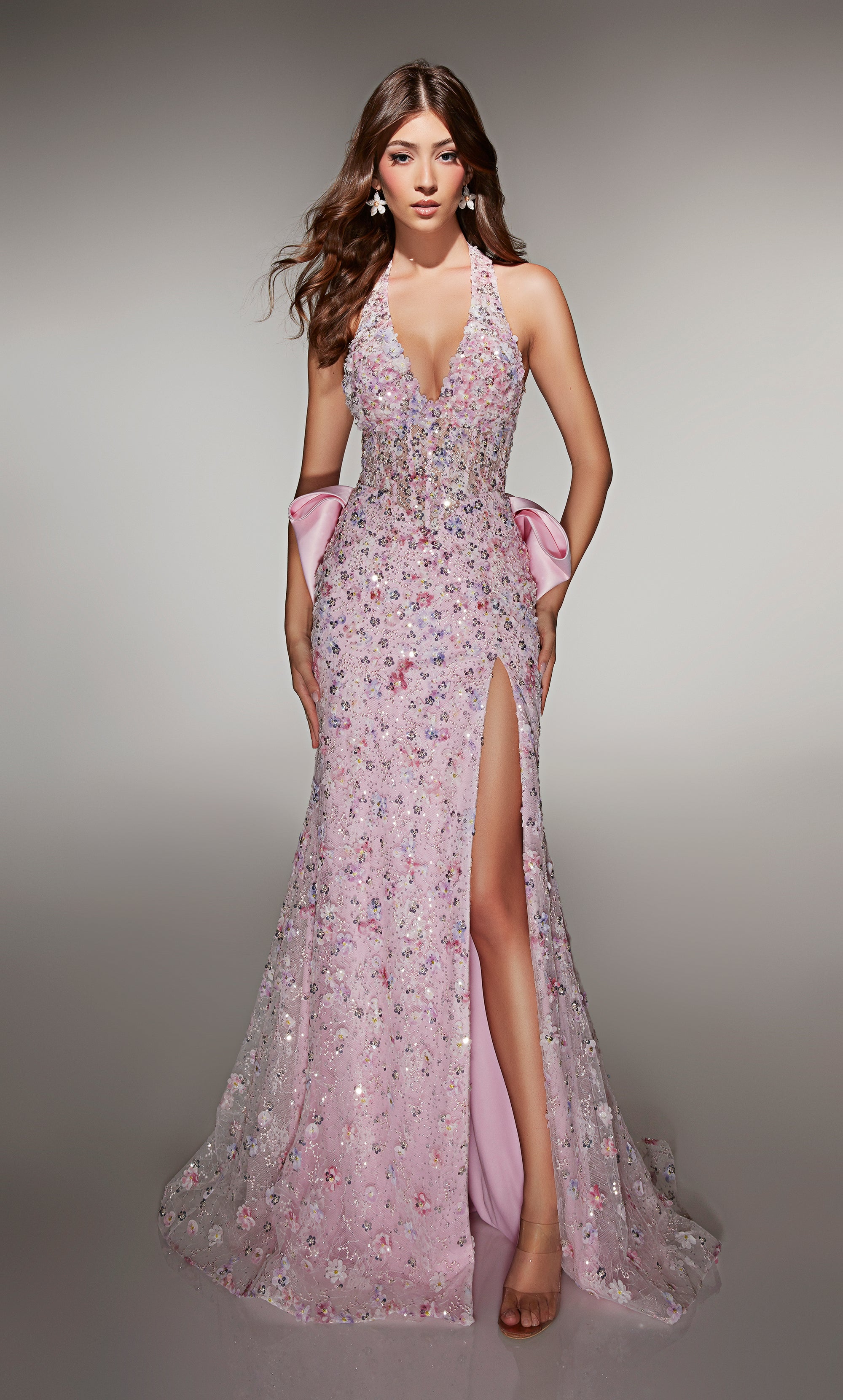 Straight Halter 3-D Flower Sequins Embellished Prom Dress #62044