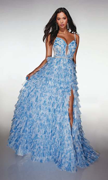 A-line Plunging V-neck Soft Mesh Print Ruffles Prom Dress #62052