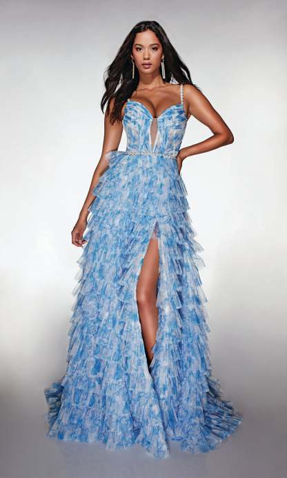 A-line Plunging V-neck Soft Mesh Print Ruffles Prom Dress #62052