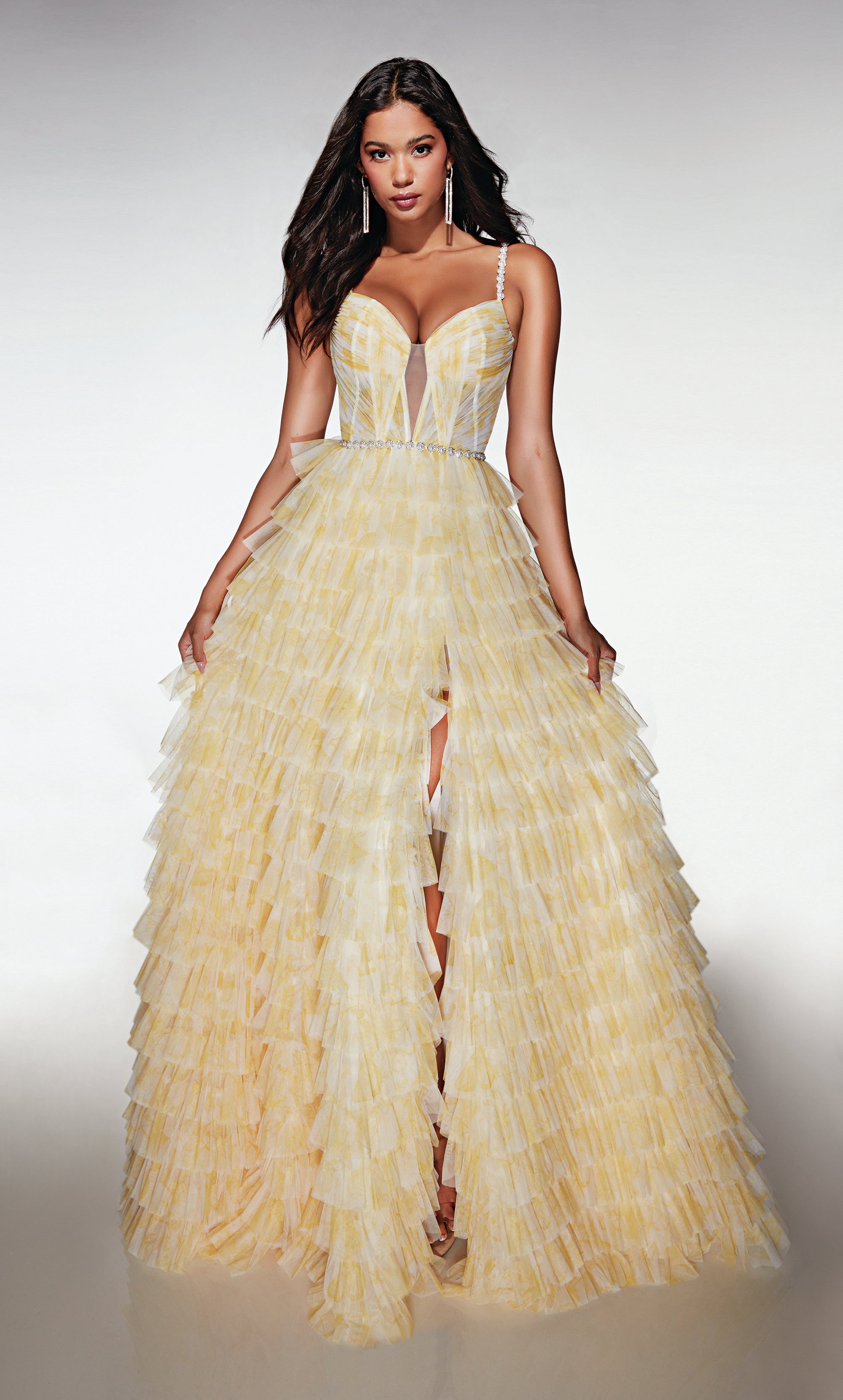 A-line Plunging V-neck Soft Mesh Print Ruffles Prom Dress #62052