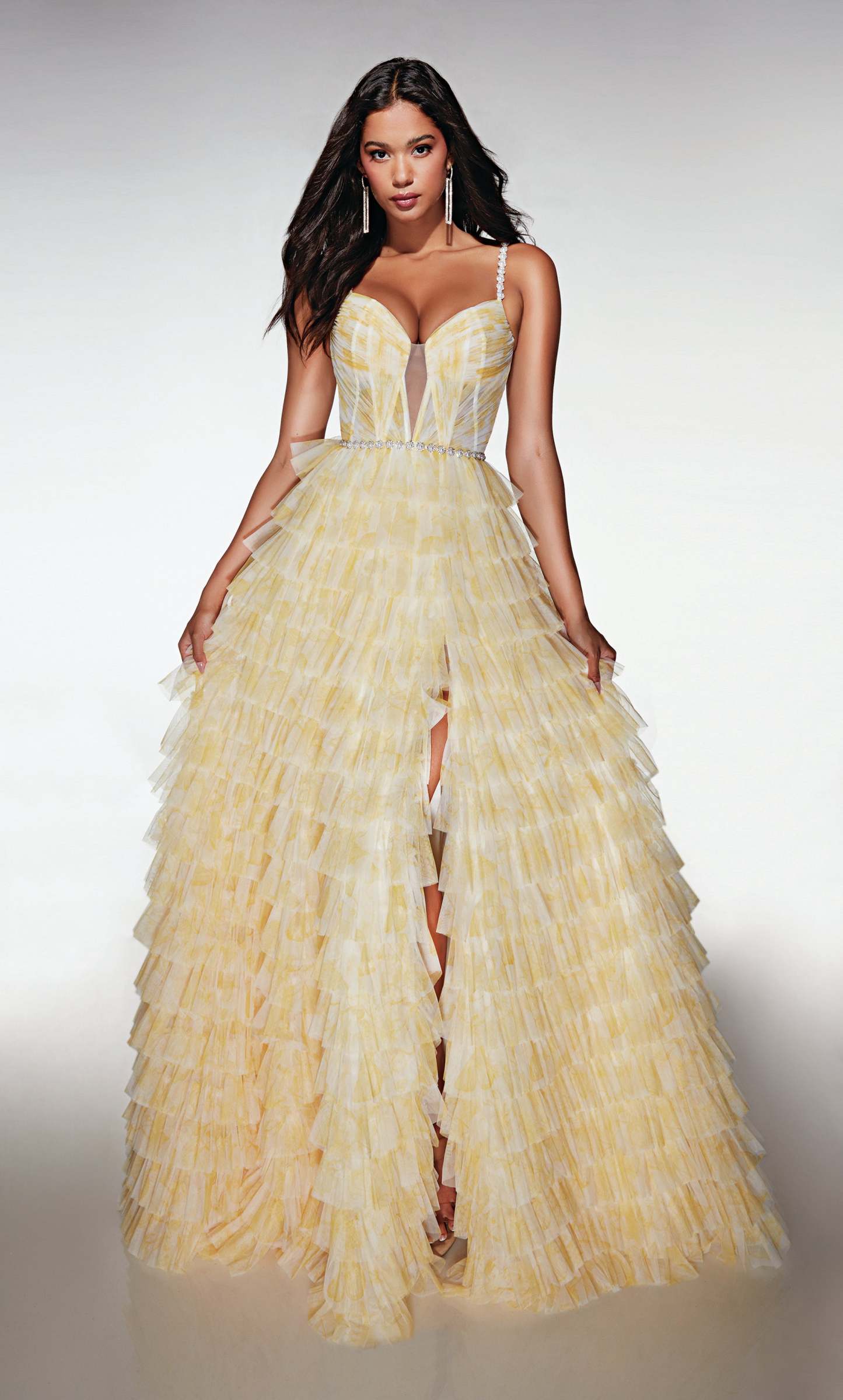 A-line Plunging V-neck Soft Mesh Print Ruffles Prom Dress #62052