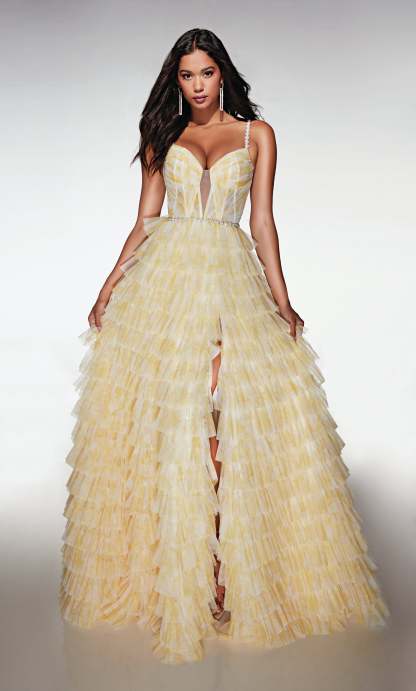 A-line Plunging V-neck Soft Mesh Print Ruffles Prom Dress #62052