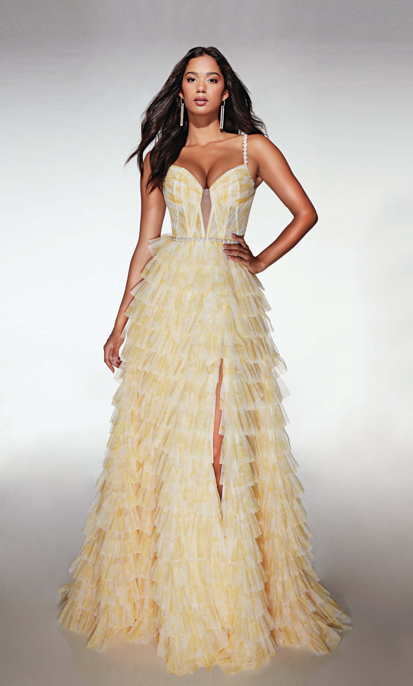 A-line Plunging V-neck Soft Mesh Print Ruffles Prom Dress #62052