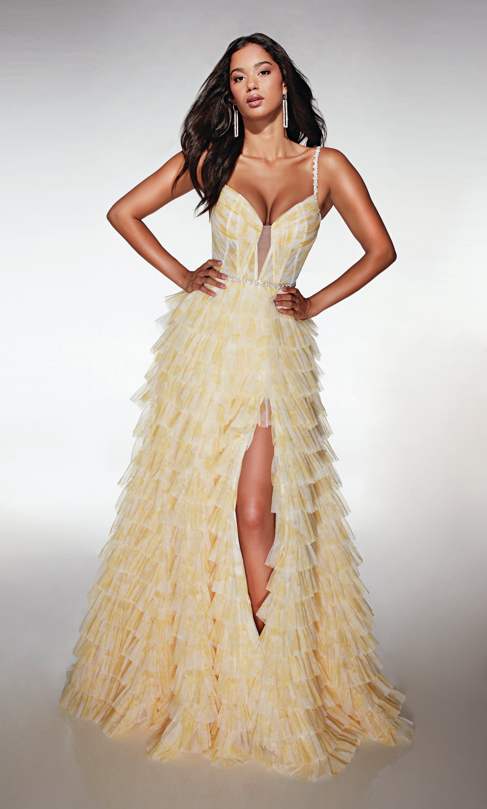 A-line Plunging V-neck Soft Mesh Print Ruffles Prom Dress #62052