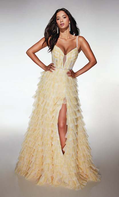A-line Plunging V-neck Soft Mesh Print Ruffles Prom Dress #62052