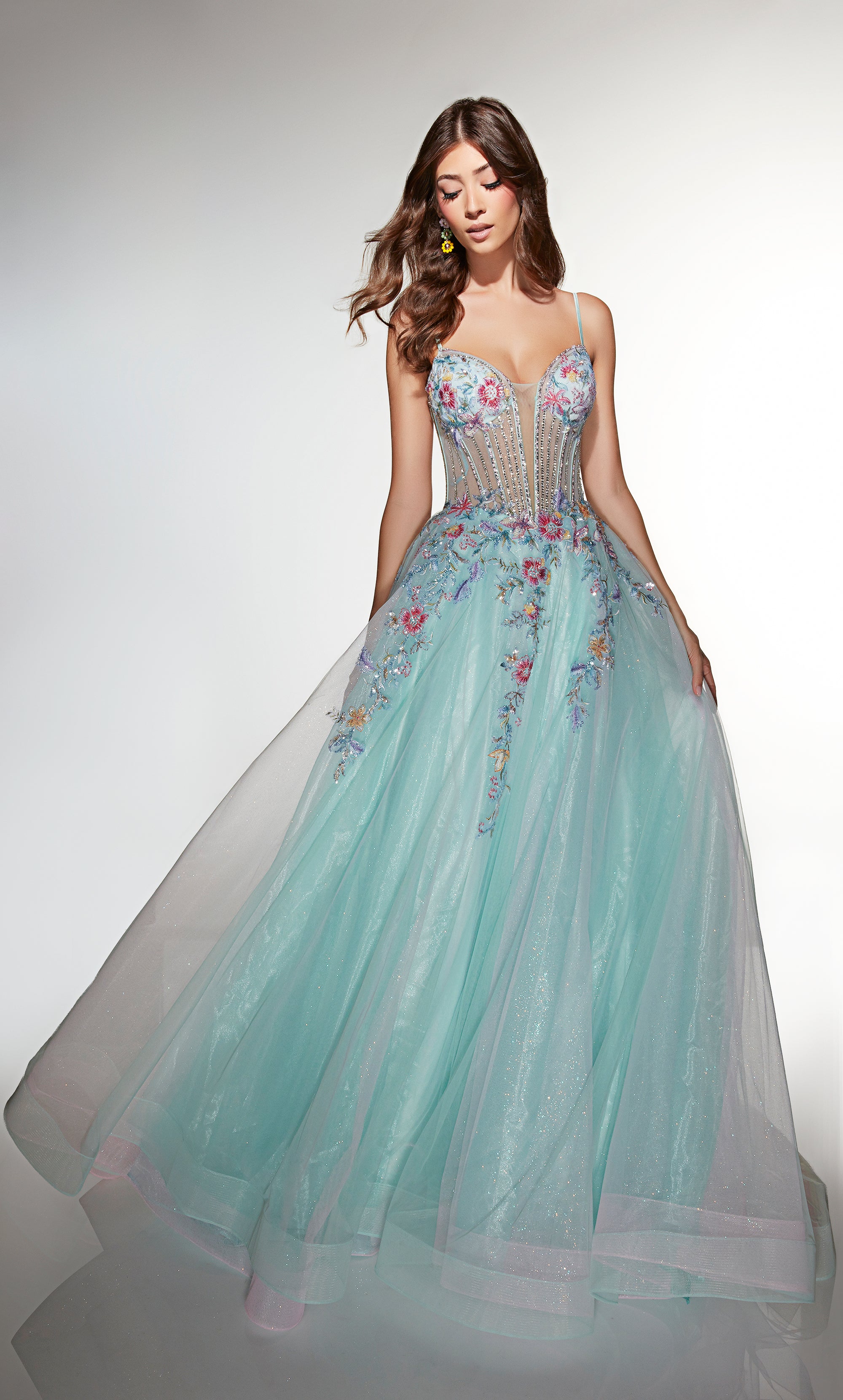 Ball Gown Plunging V-neck Tulle Lace-up Back Prom Dress #62068