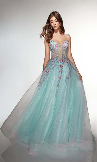 Ball Gown Plunging V-neck Tulle Lace-up Back Prom Dress #62068