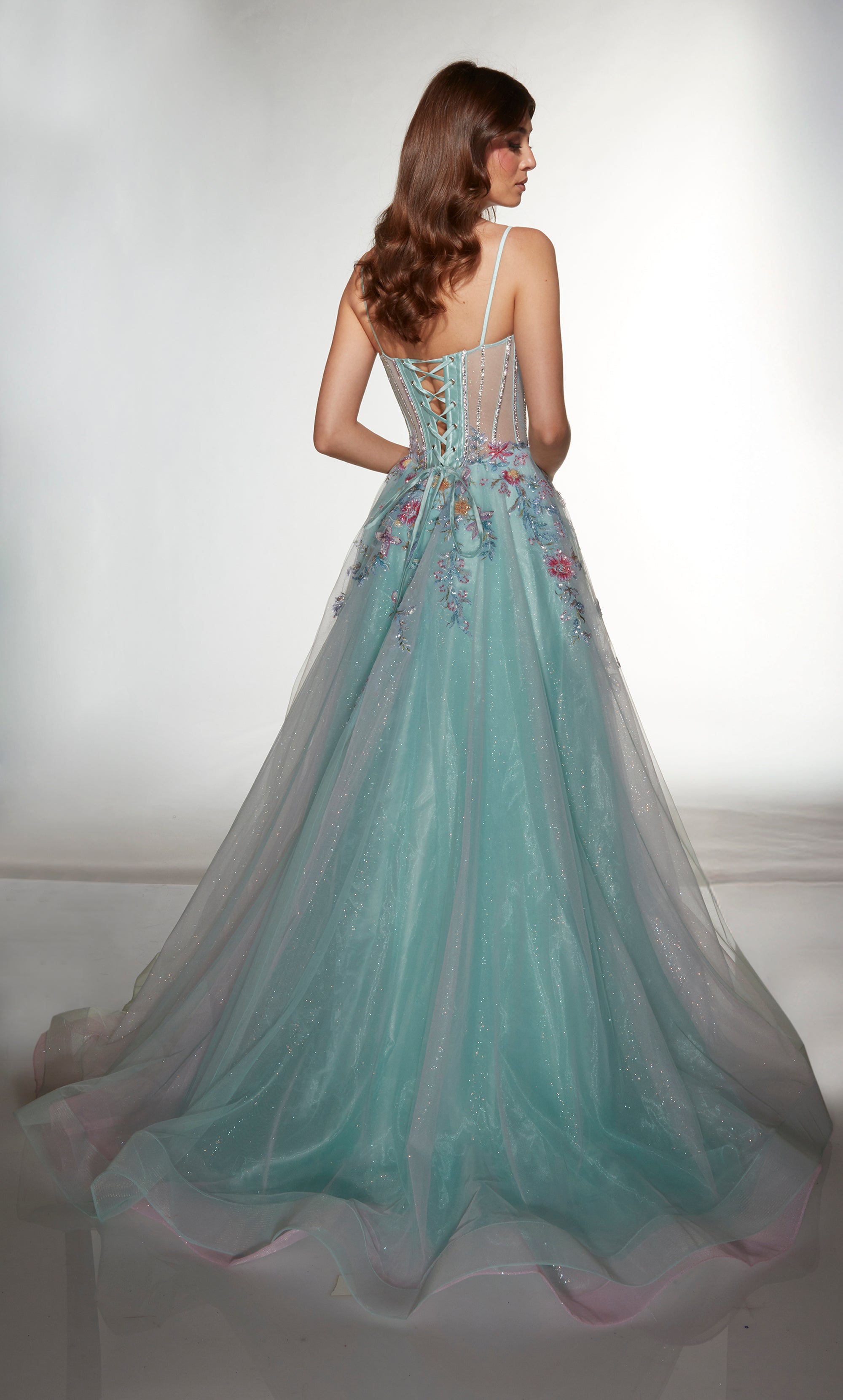 Ball Gown Plunging V-neck Tulle Lace-up Back Prom Dress #62068