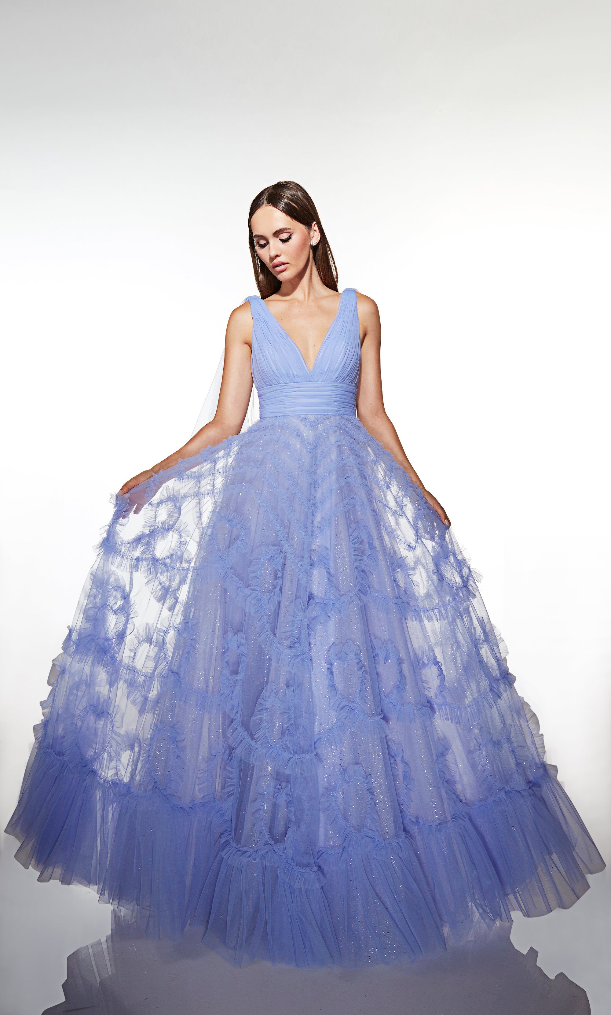 Elegant A-line V-neck Tulle Ruffles V-back Prom Dress #62079