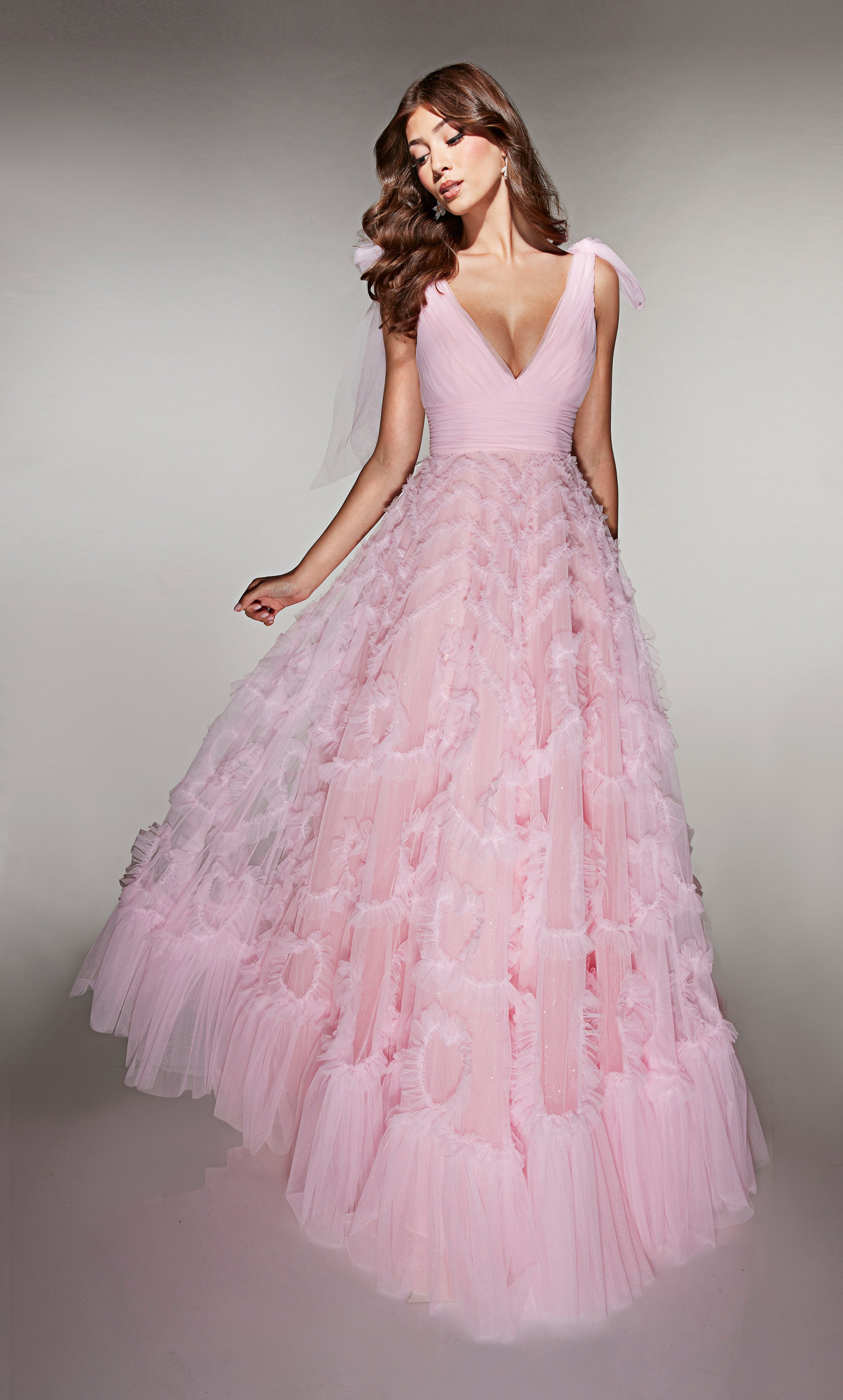 Elegant A-line V-neck Tulle Ruffles V-back Prom Dress #62079