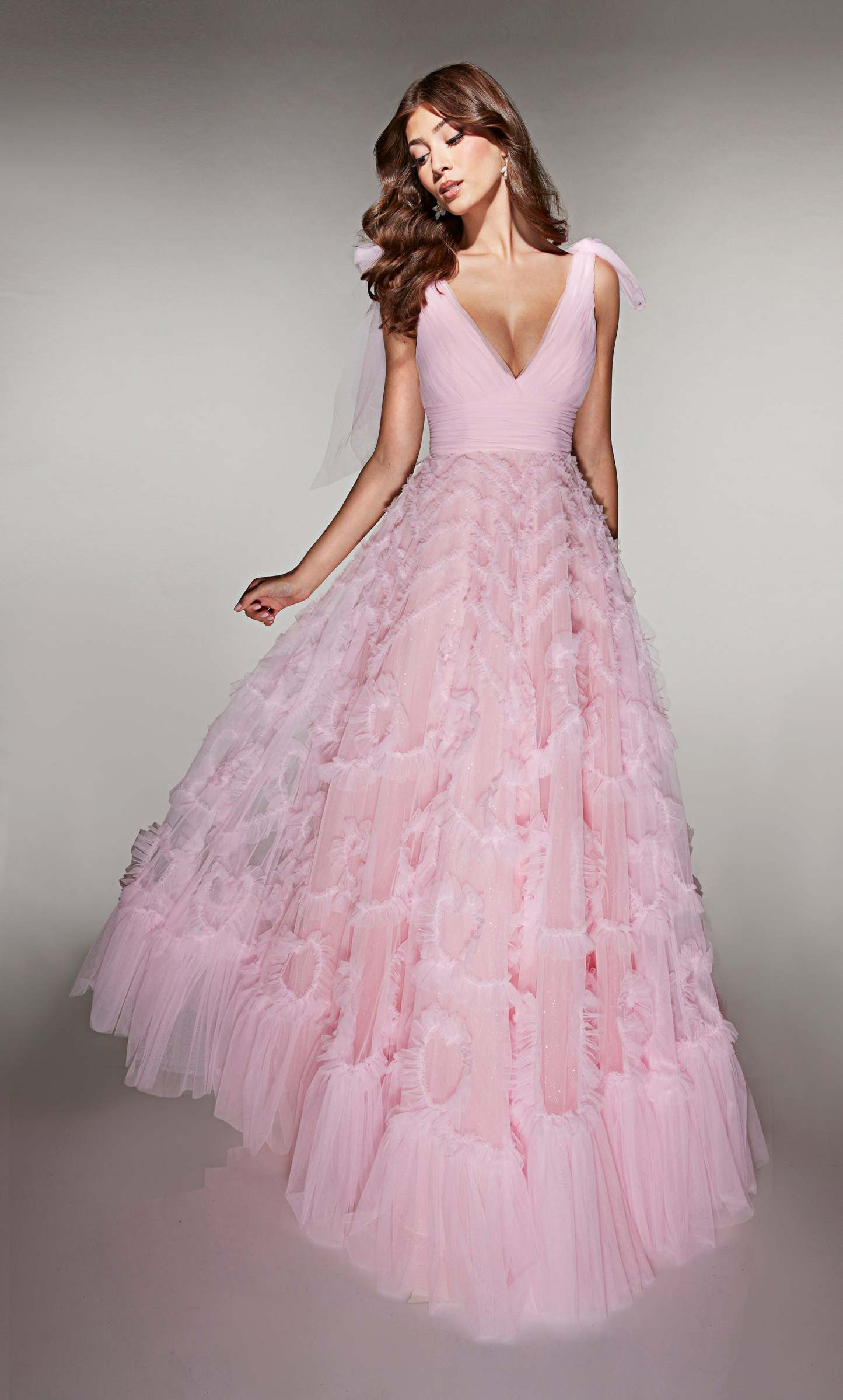 Elegant A-line V-neck Tulle Ruffles V-back Prom Dress #62079