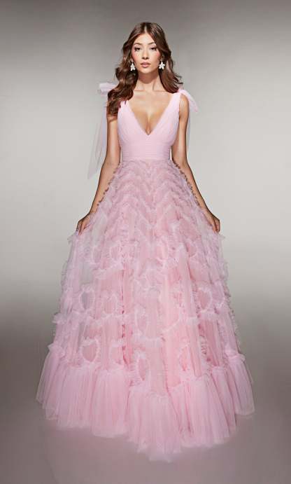 Elegant A-line V-neck Tulle Ruffles V-back Prom Dress #62079
