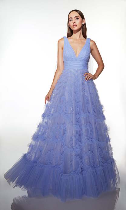 Elegant A-line V-neck Tulle Ruffles V-back Prom Dress #62079