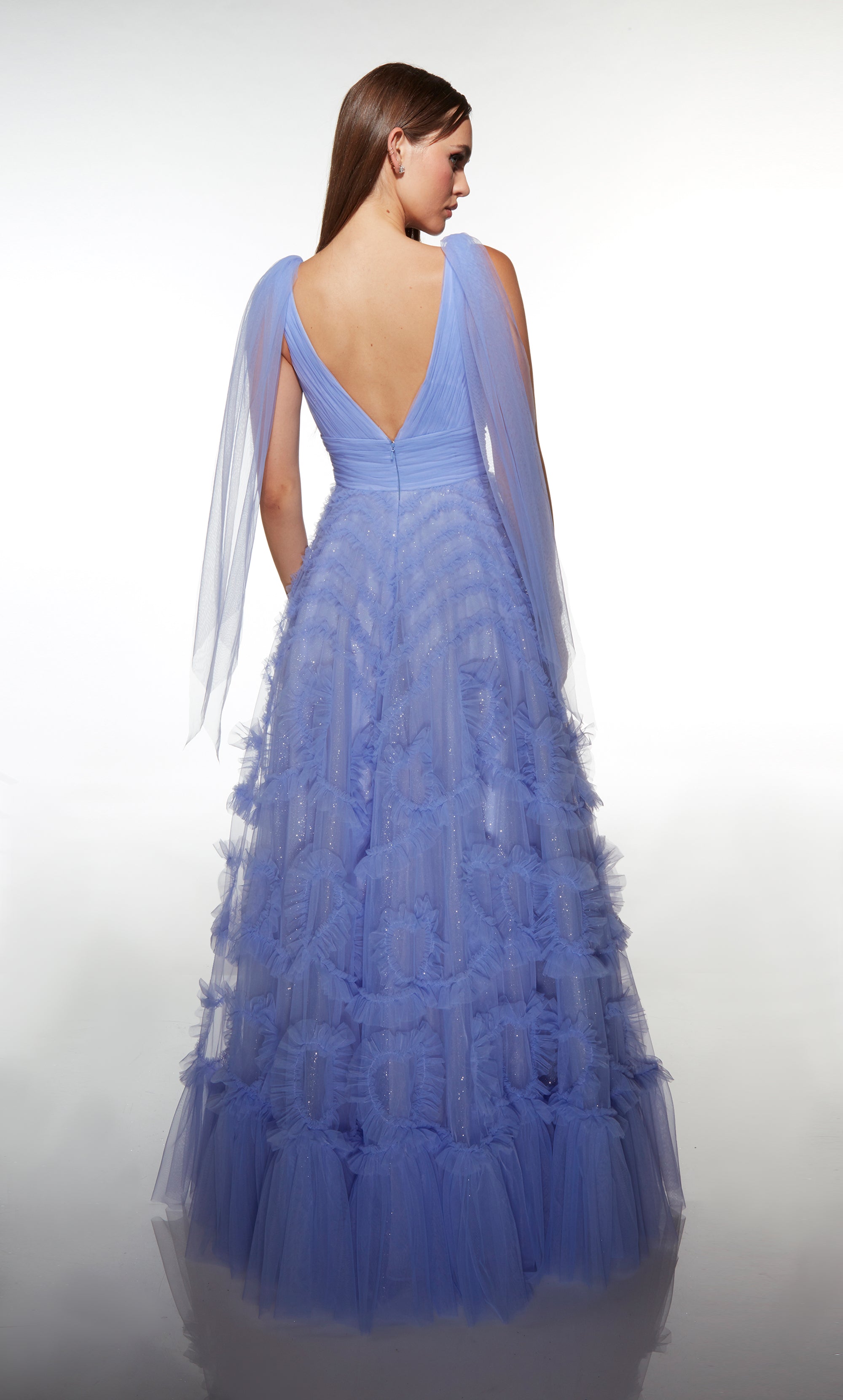 Elegant A-line V-neck Tulle Ruffles V-back Prom Dress #62079