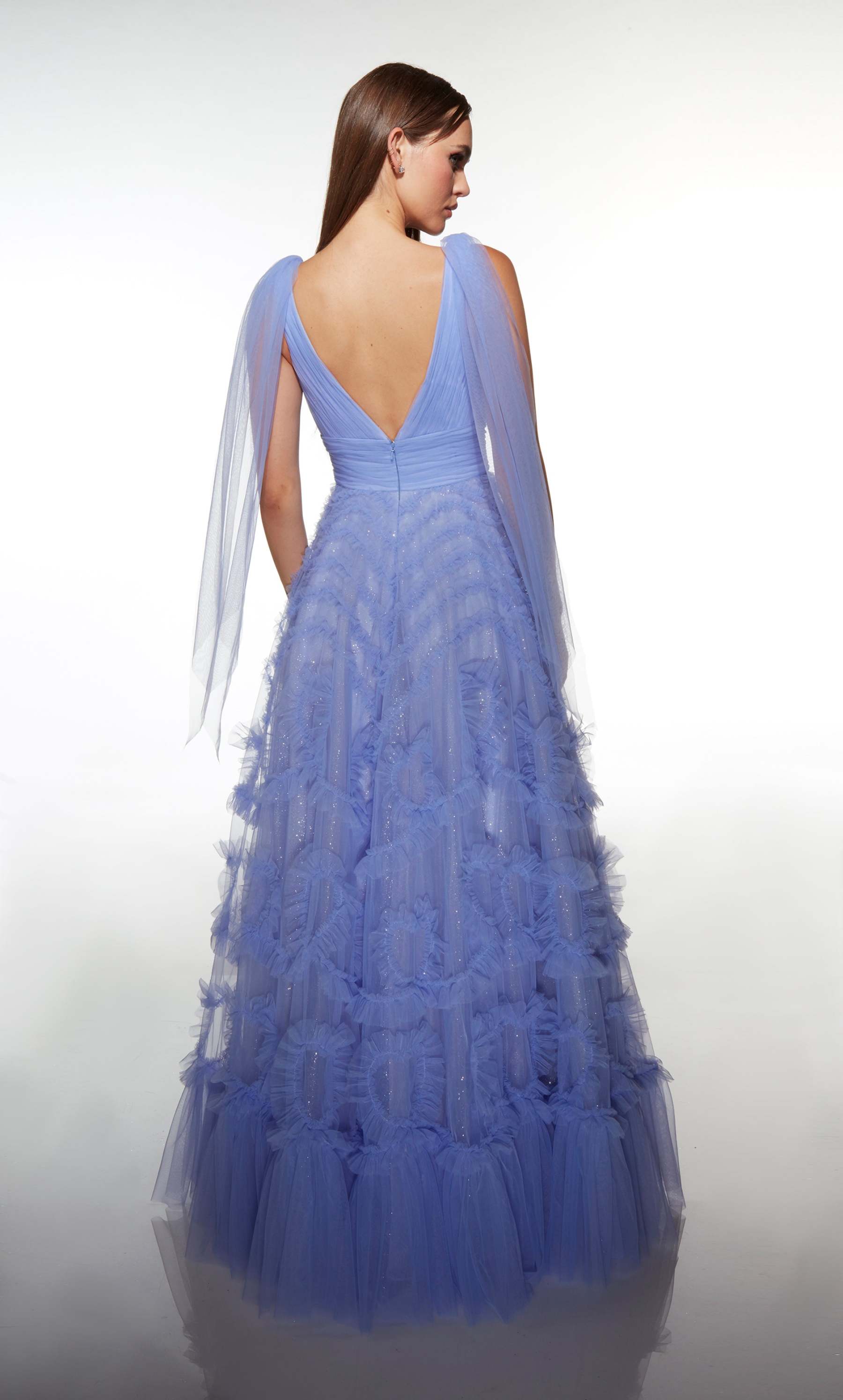 Elegant A-line V-neck Tulle Ruffles V-back Prom Dress #62079