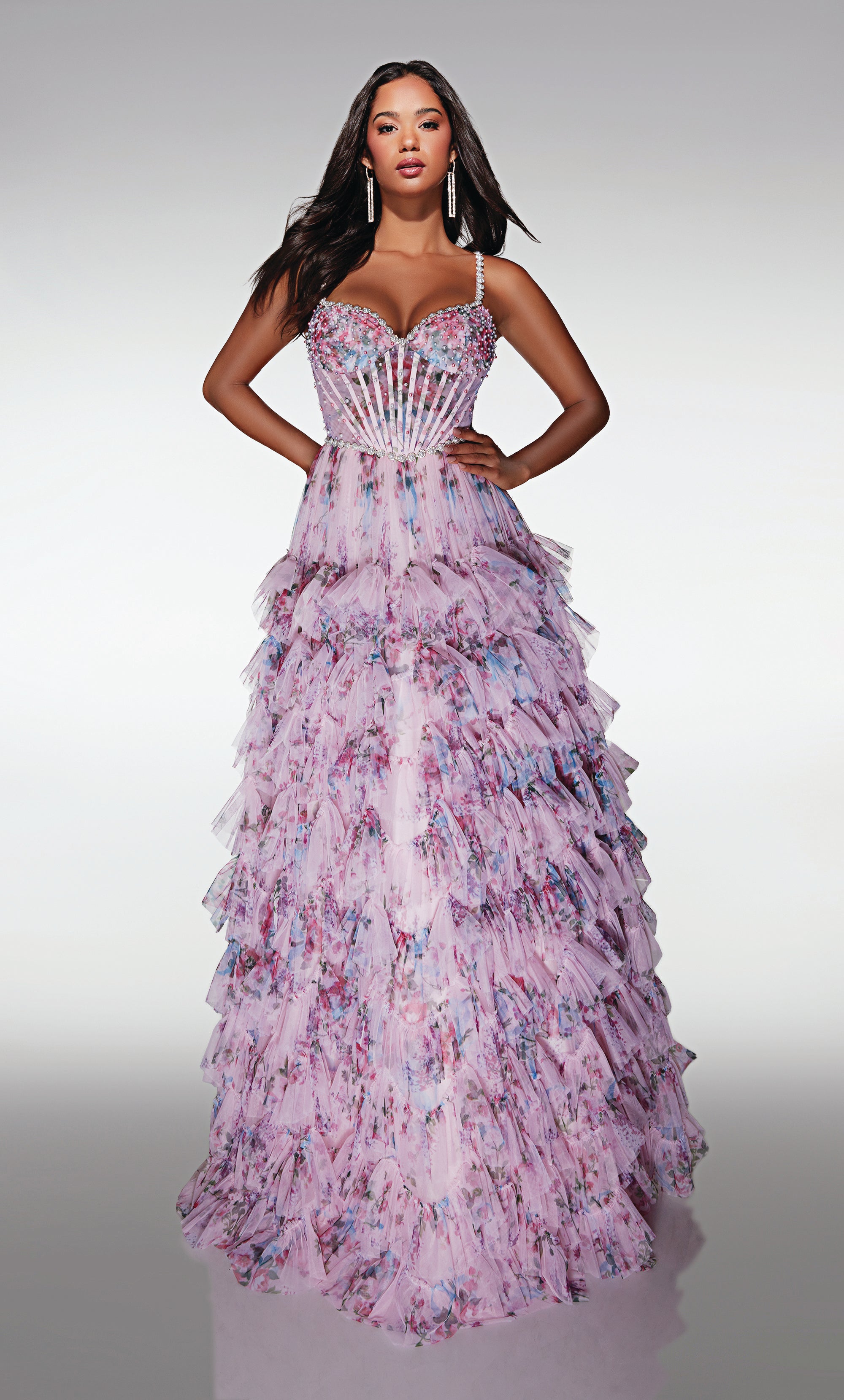 A-line Sweetheart Print Tulle Straight Across Back Prom Dress #62182