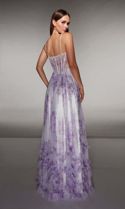 A-line Print Tulle Scooped Straight Across Back Ruffles Prom Dress #62202