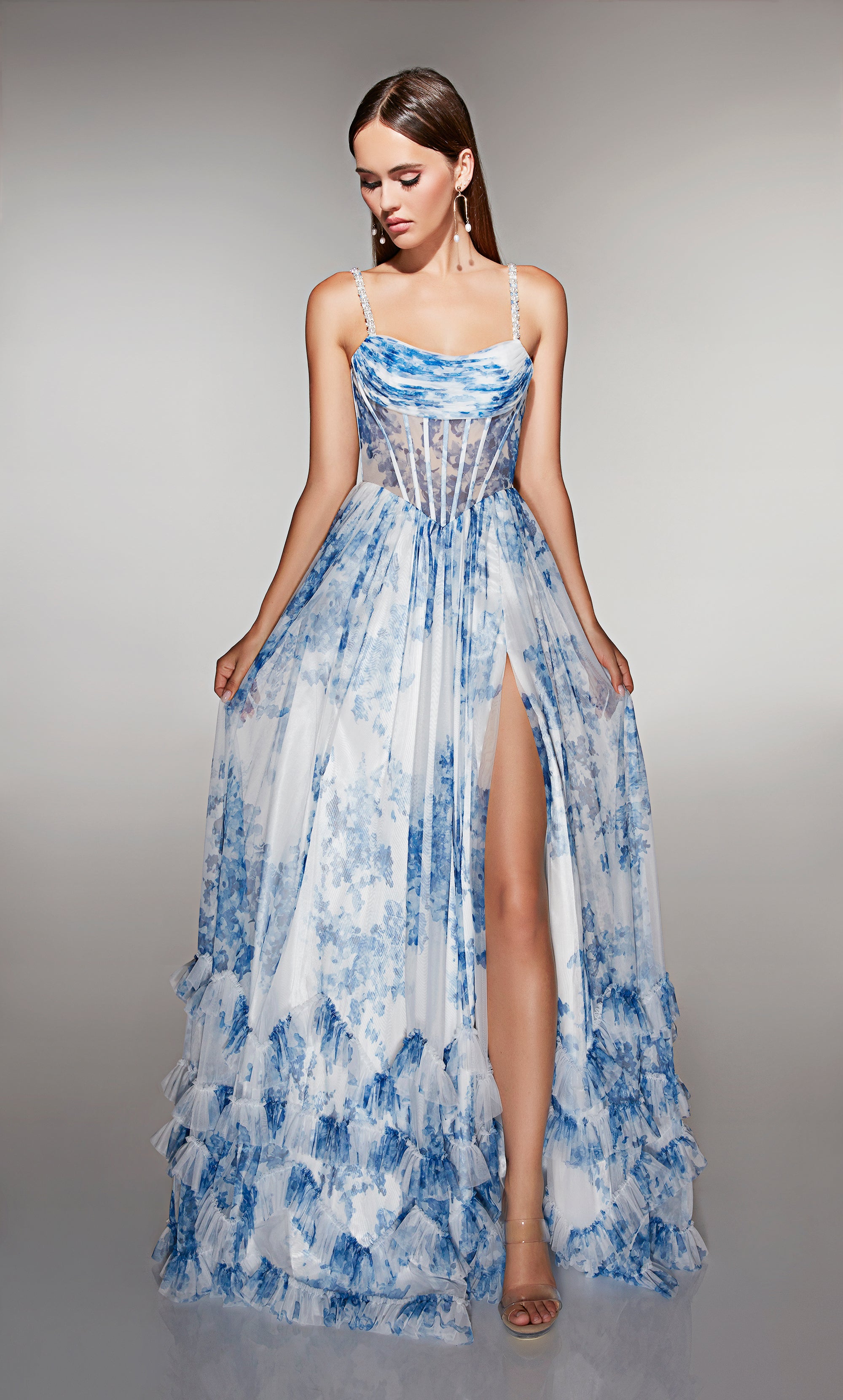A-line Print Tulle Scooped Straight Across Back Ruffles Prom Dress #62202