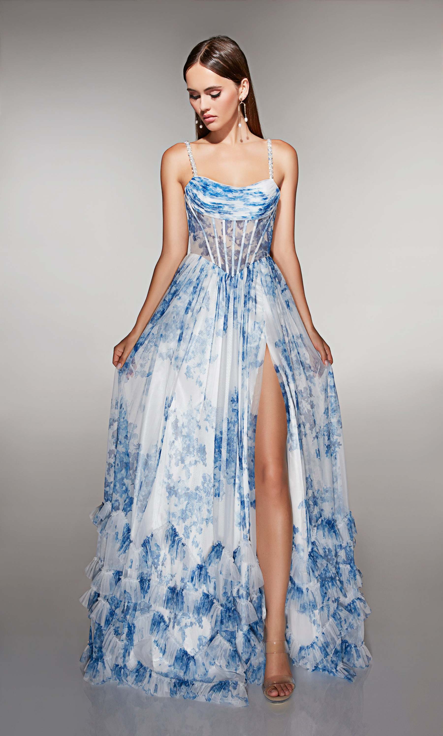 A-line Print Tulle Scooped Straight Across Back Ruffles Prom Dress #62202