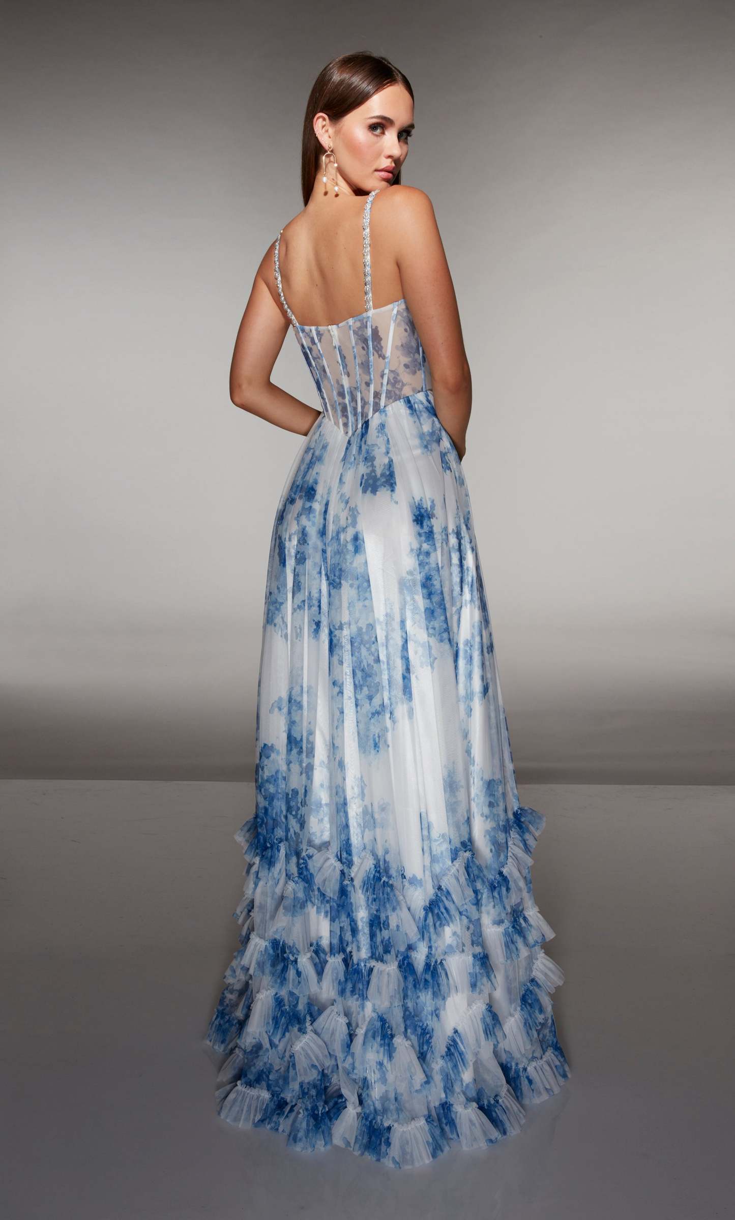 A-line Print Tulle Scooped Straight Across Back Ruffles Prom Dress #62202