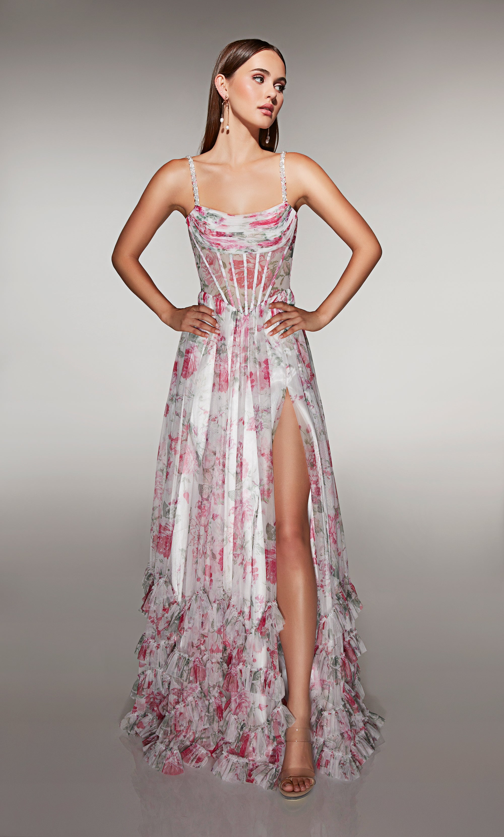 A-line Print Tulle Scooped Straight Across Back Ruffles Prom Dress #62202