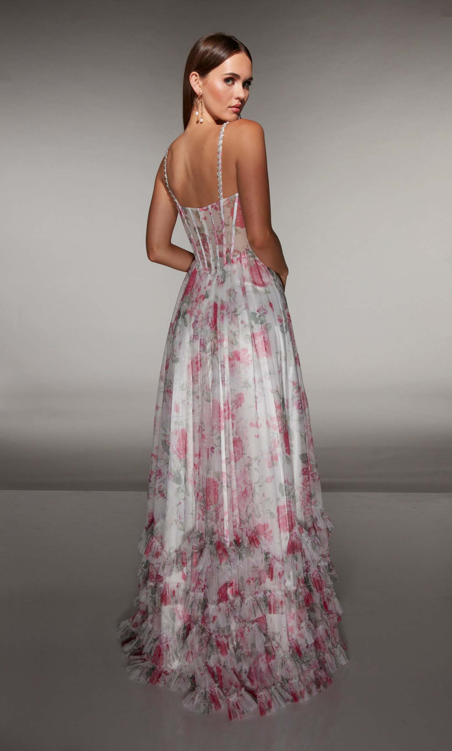 A-line Print Tulle Scooped Straight Across Back Ruffles Prom Dress #62202
